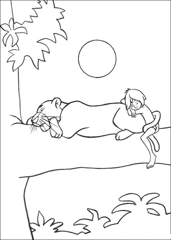 Bagheera And Mowgli Are Sleeping On The Tree  Coloring Page